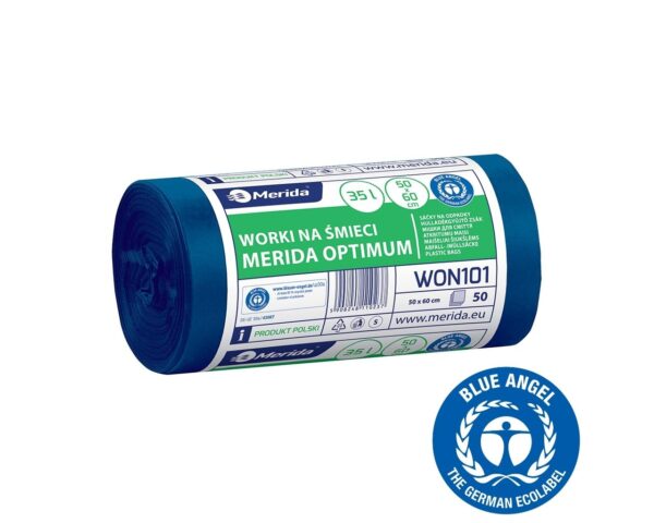 Worki na śmieci 35 l, MERIDA OPTIMUM BLUE ANGEL, niebieskie, 50x60 cm, rolka 50 szt. Worki na śmieci 35 l, MERIDA OPTIMUM BLUE ANGEL, niebieskie, 50x60 cm, rolka 50 szt.