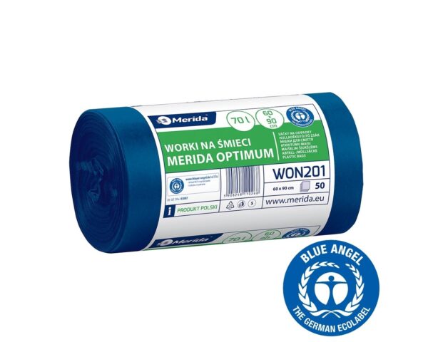 Worki na śmieci 70 l, MERIDA OPTIMUM BLUE ANGEL, niebieskie, 60x90 cm, rolka 50 szt. Worki na śmieci 70 l, MERIDA OPTIMUM BLUE ANGEL, niebieskie, 60x90 cm, rolka 50 szt.