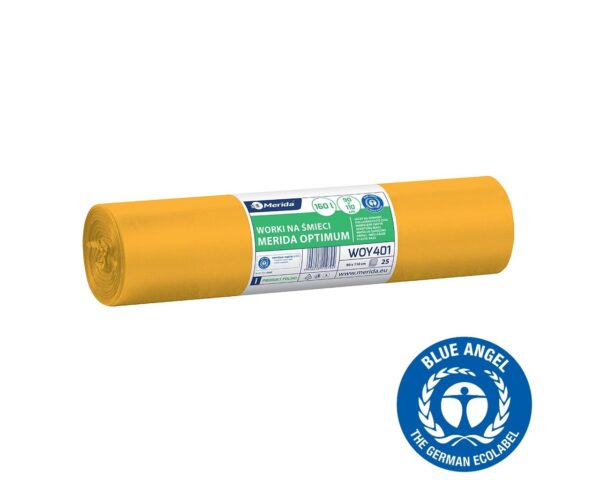 Worki na śmieci 160 l, MERIDA OPTIMUM BLUE ANGEL, żółte, 90x110 cm, rolka 25 szt.