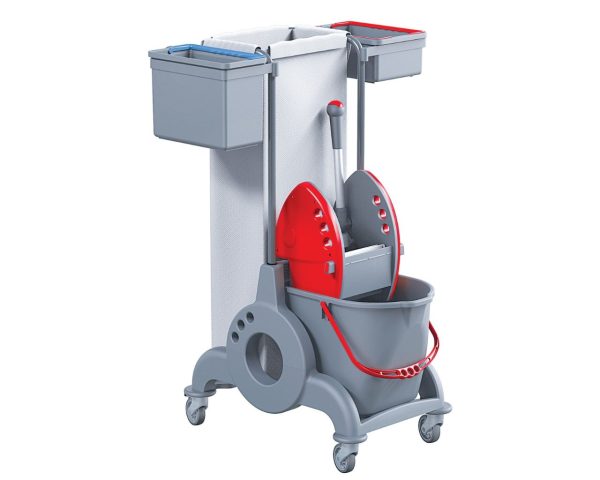 WÓZEK JEDNOWIADROWY GIOTTO TOP WIADRO 15 L, 1 WIADERKO SERWISOWE 7 L, Z KUWETĄ 8 L, Z UCHWYTEM CENTRALNYM Z MOCOWANIEM WORKA, WOREK 90 L Z TWORZYWA SZTUCZNEGO (HFV974), CZERWONA PRASA