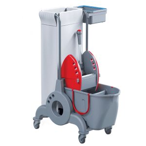Wózek serwisowy do sprzątania, MERIDA OPERA, jednowiadrowy, wiadro dwukomorowe 15 l + 10 l, kuweta z uchwytem w kolorze niebieskim, czerwona prasa, uchwyt na worek 90 l, worek z tworzywa sztucznego