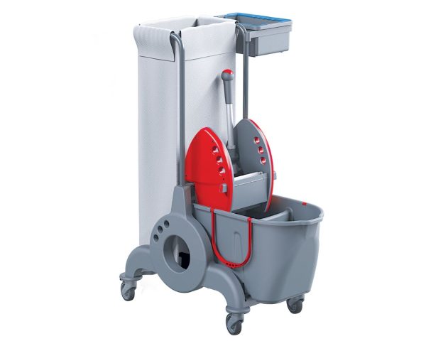 Wózek serwisowy do sprzątania, MERIDA OPERA, jednowiadrowy, wiadro dwukomorowe 15 l + 10 l, kuweta z uchwytem w kolorze niebieskim, czerwona prasa, uchwyt na worek 90 l, worek z tworzywa sztucznego