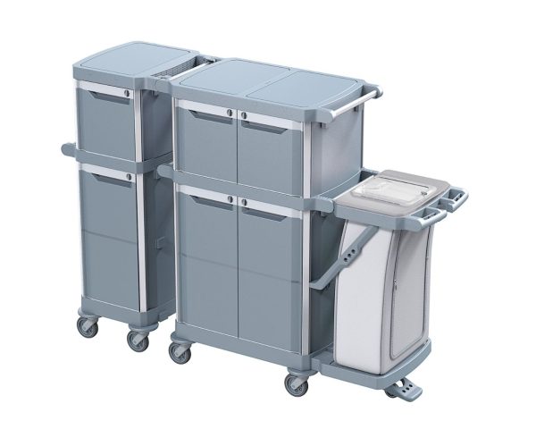 Wózek serwisowy do sprzątania, MERIDA OPERA, 6 zamykanych półek wewnętrznych, 3 szuflady 20 l, uchwyt na worek 120 l z pokrywą Wózek serwisowy do sprzątania, MERIDA OPERA, 6 zamykanych półek wewnętrznych, 3 szuflady 20 l, uchwyt na worek 120 l z pokrywą